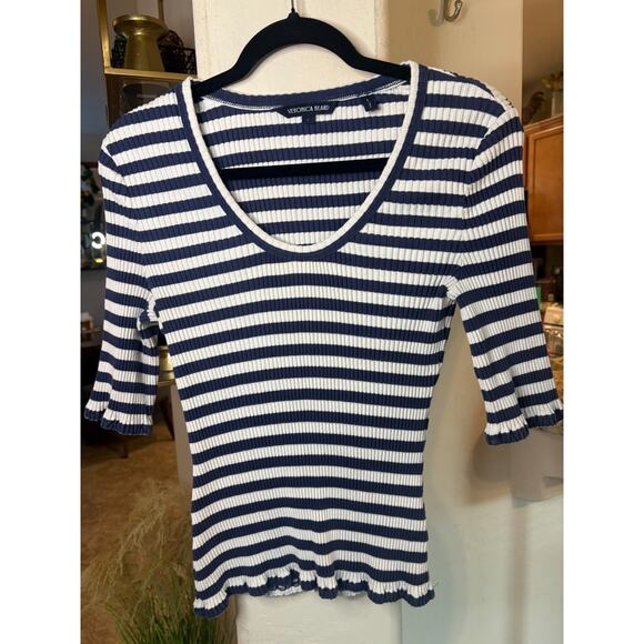 Veronica Beard Navy and White Striped Blouse L - Picture 3 of 6
